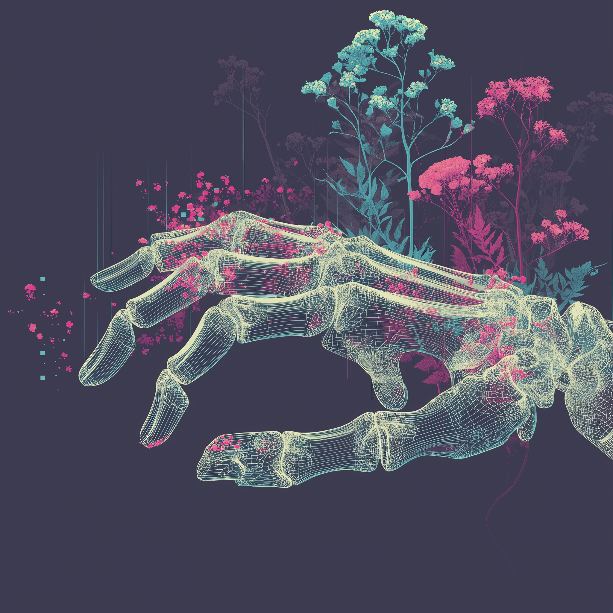 Wireframe skeletal hand with botanical tendrils — human-technology synthesis